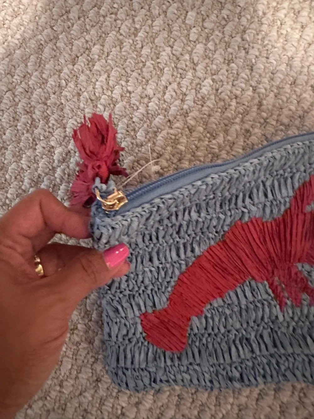 LOFT Blue Raffia Clutch with Pink Lobster Motif